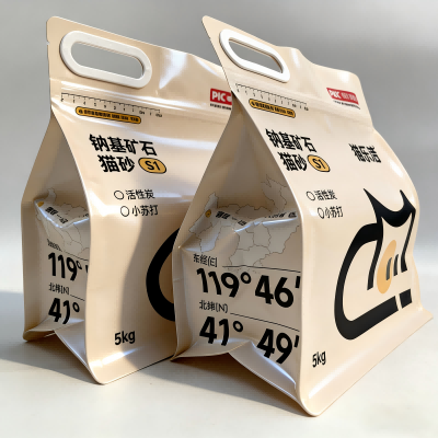 जिपर ह्यान्डलको साथ आठ-पक्षीय सिल गरिएको बिरालो लिटर झोला